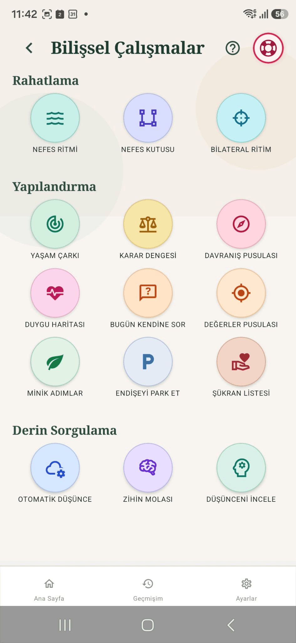 Bilişsel Çalışmalar Ana Ekranı